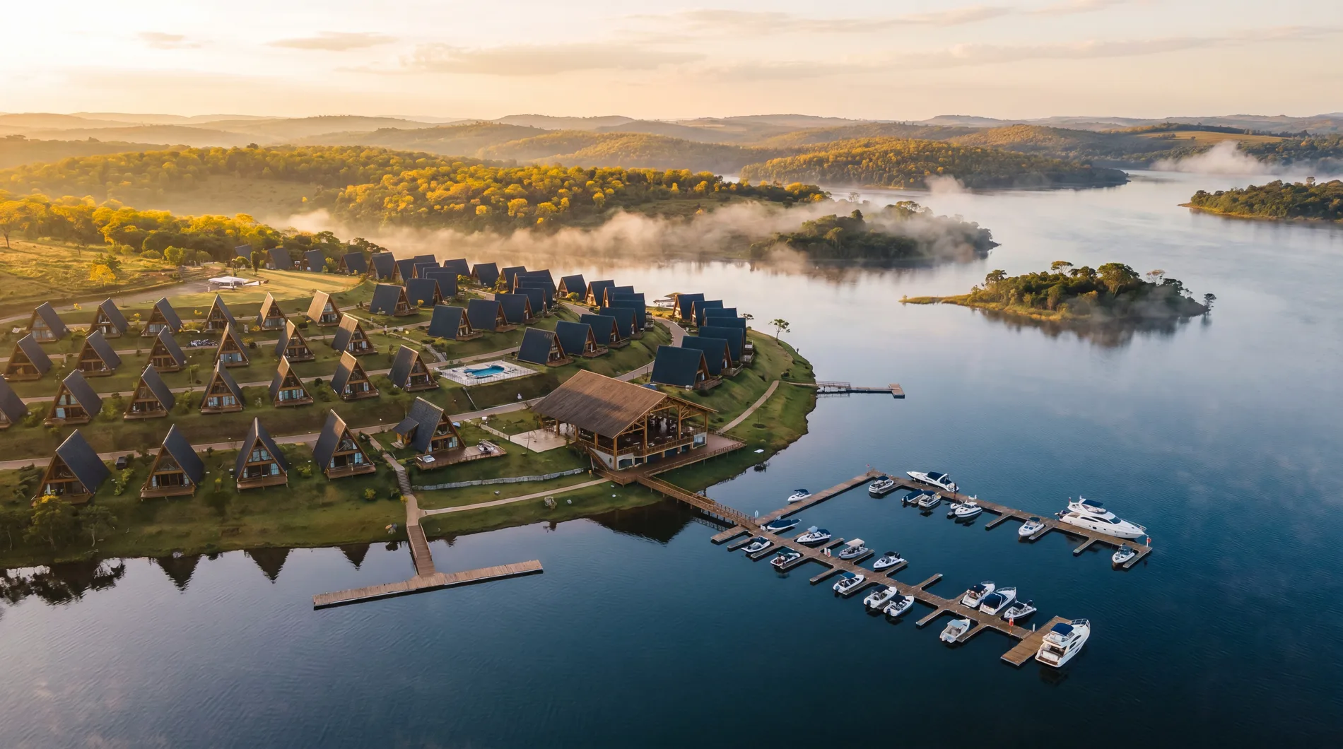 Vista aérea do L'Acqua Marina ao amanhecer no Lago Corumbá IV