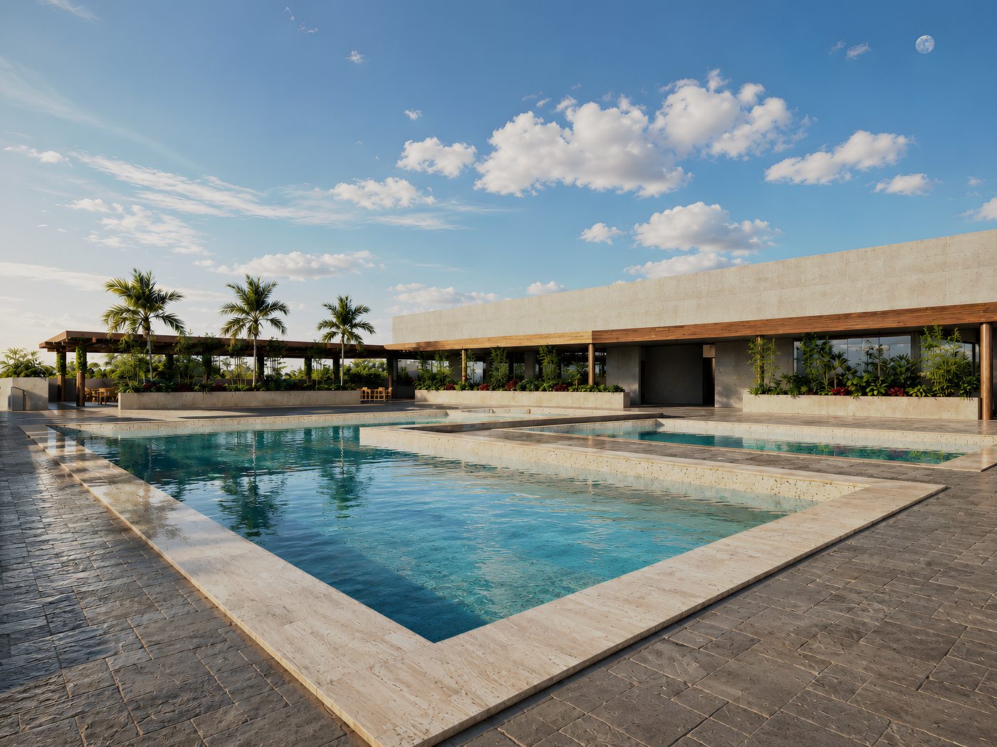 Piscina do clube com palmeiras