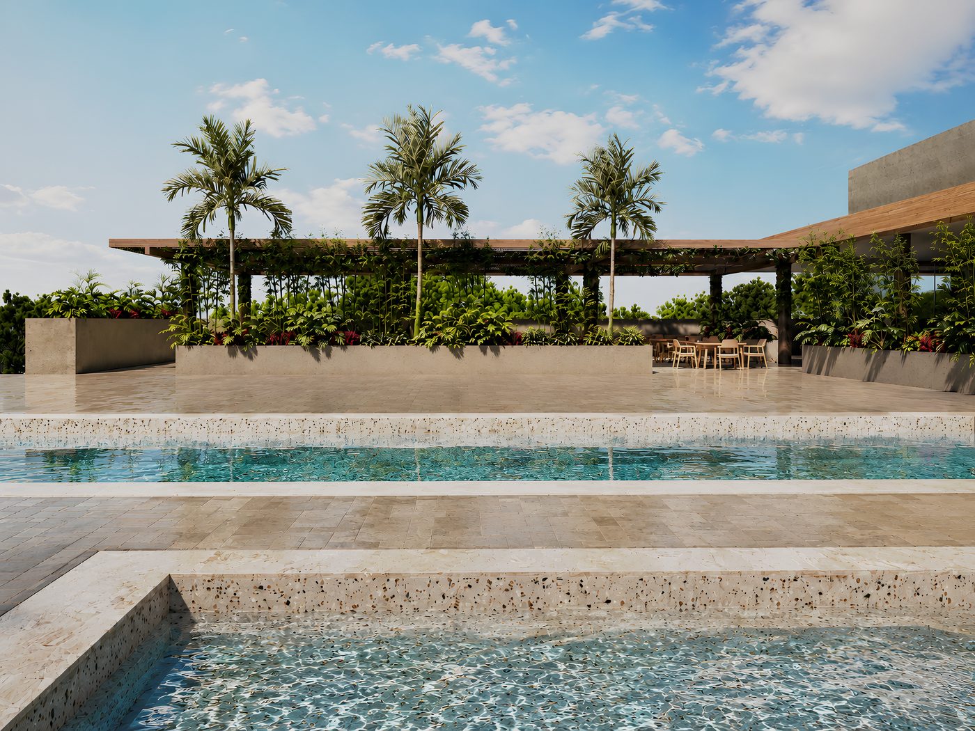 Piscina do clube com piso em terrazzo