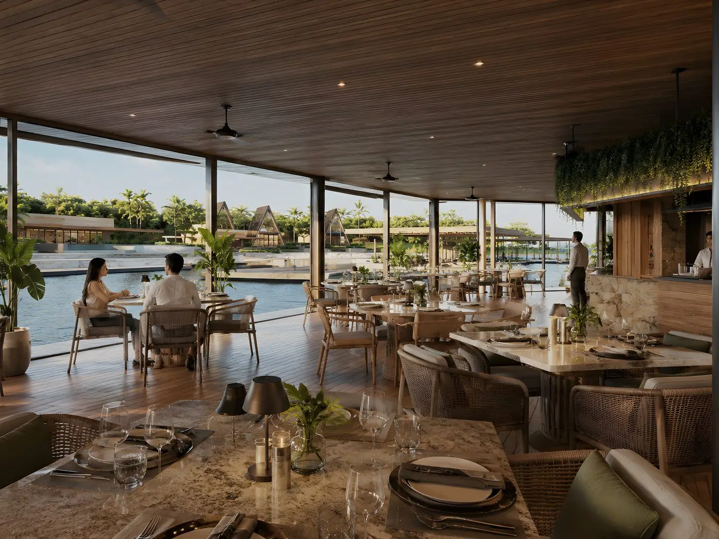 Restaurante com interior voltado ao lago