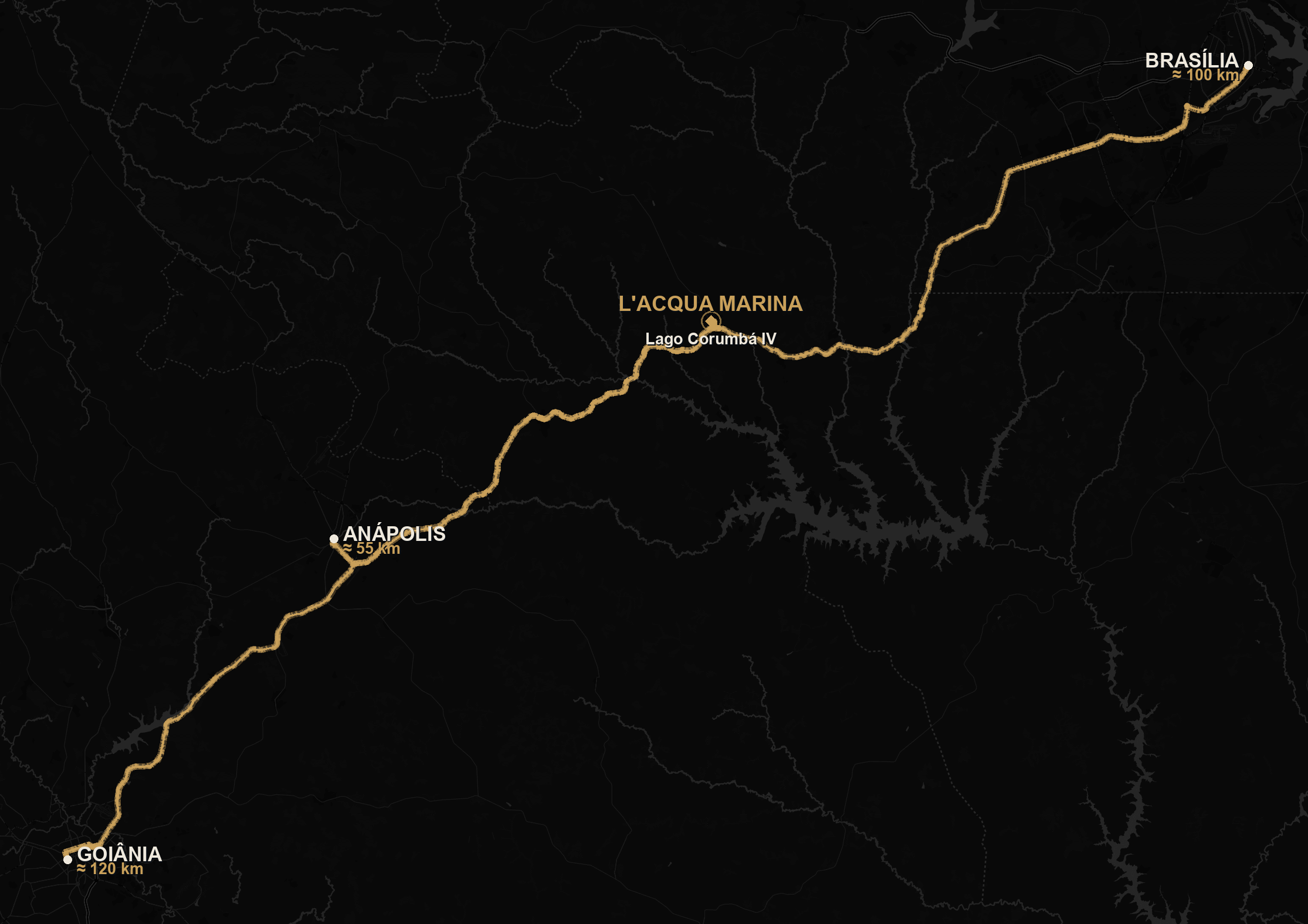 Mapa de rotas: Brasília, Goiânia e Anápolis até o L'Acqua Marina no Lago Corumbá IV
