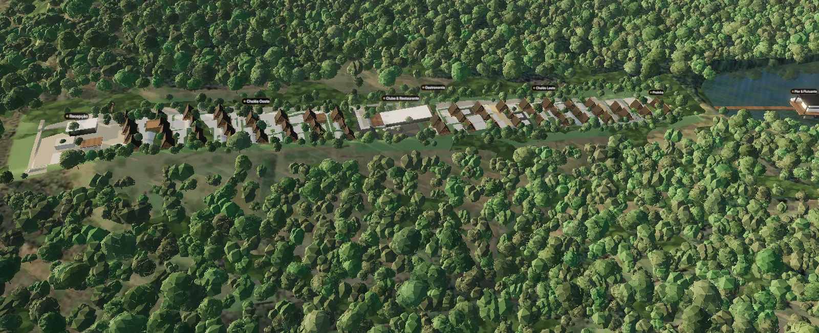 Vista aérea da maquete 3D do L’Acqua Marina: os chalés em fileira, o clube e o lago ao fundo.