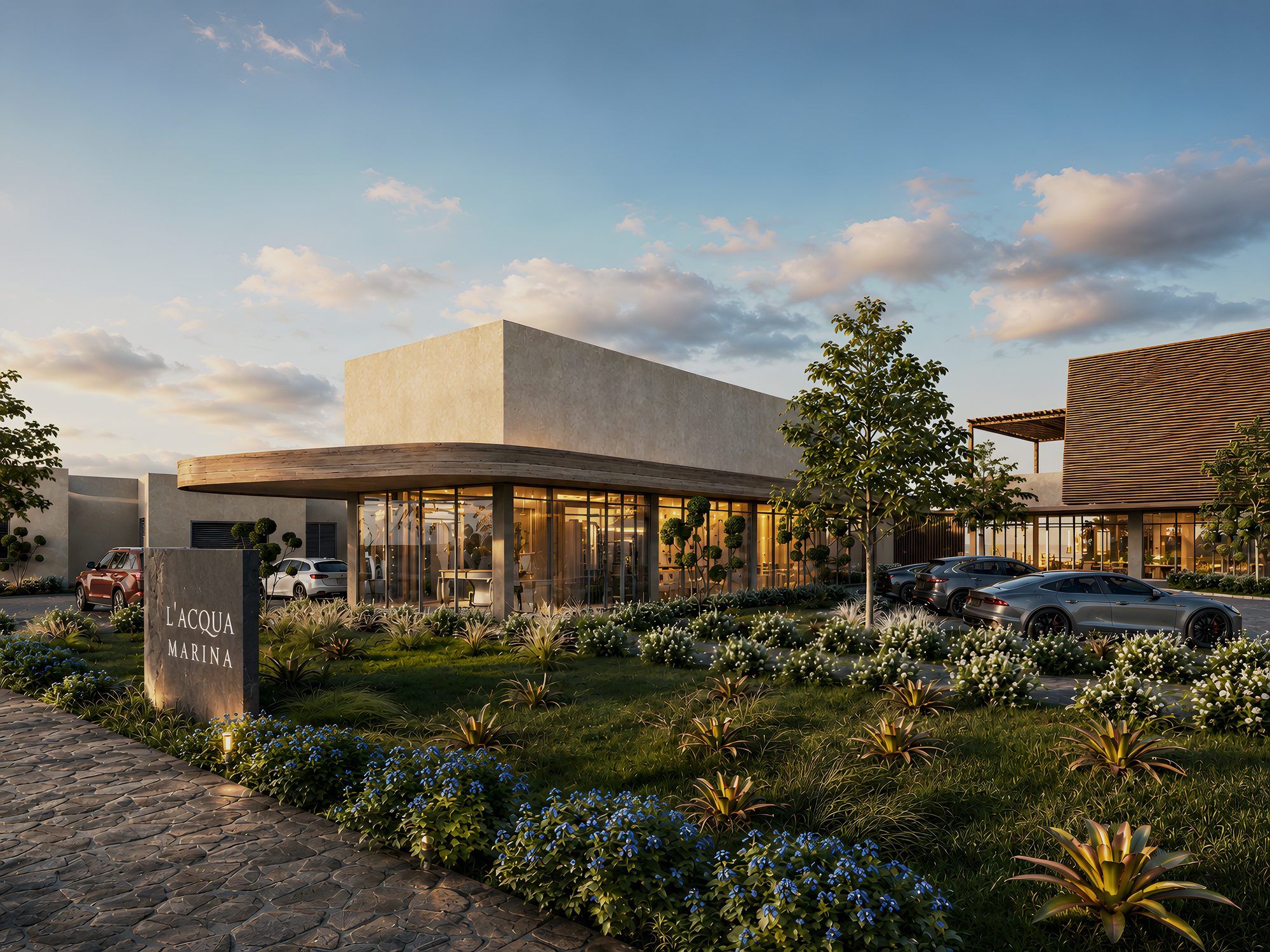 Entrada do L'Acqua Marina Home Resort na golden hour