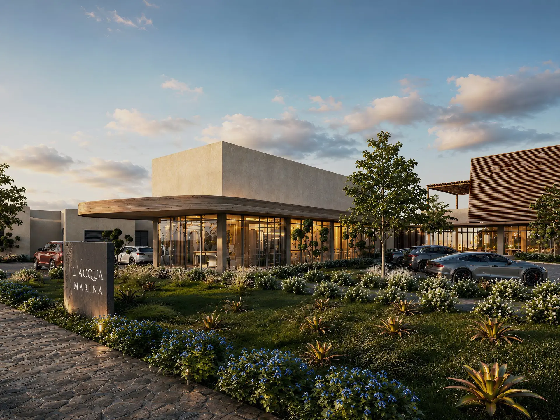 Entrada do L'Acqua Marina Home Resort na golden hour